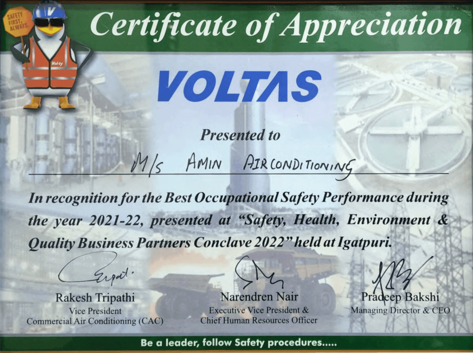 Voltas Best Safety Performer Certificate